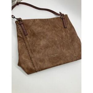 Darcy Marks London Tote Brown Faux Leather Studded Shoulder Bag Brass Hardware